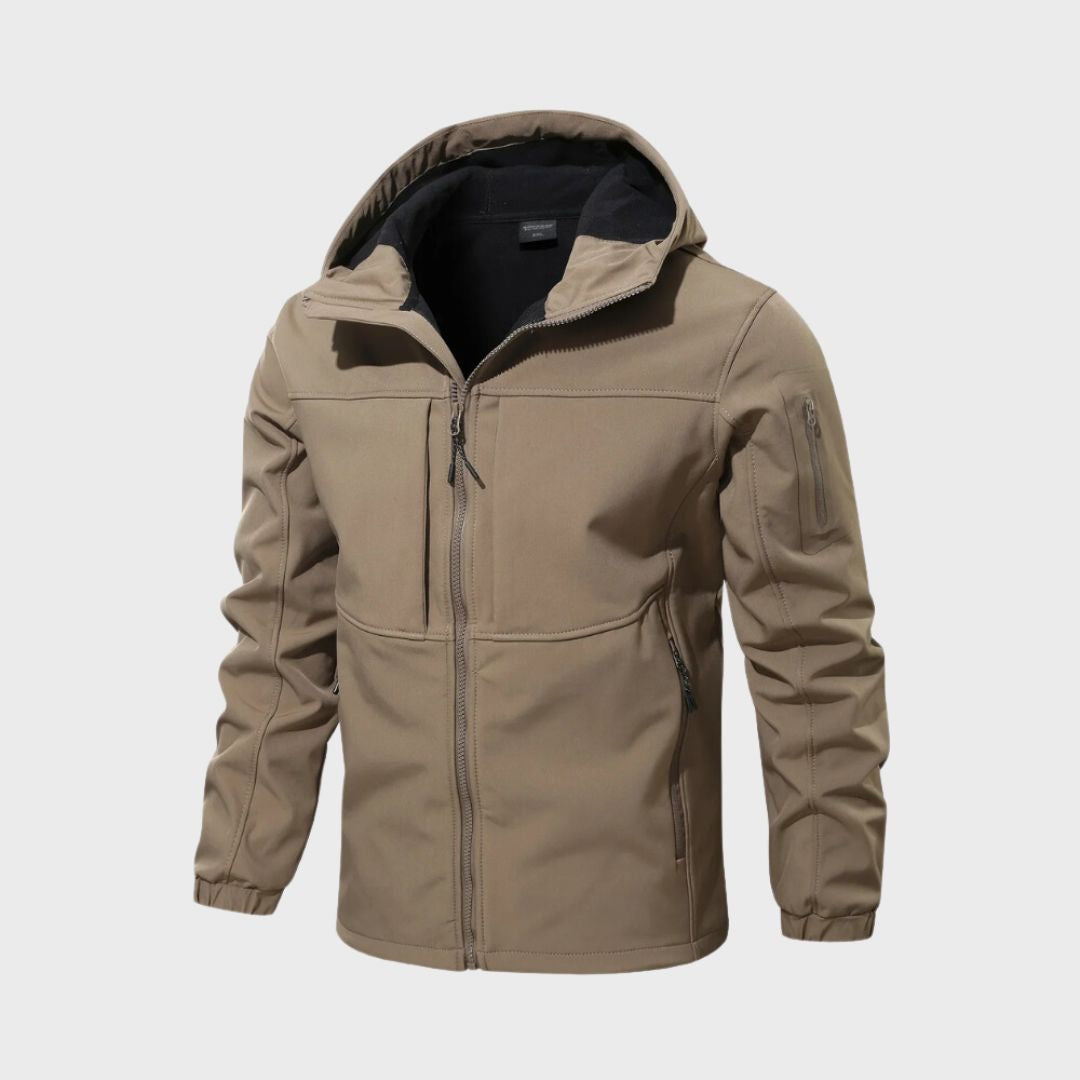 Khaki hooded softshell jacket with zip pockets, shown on invisible mannequin | Chaps London