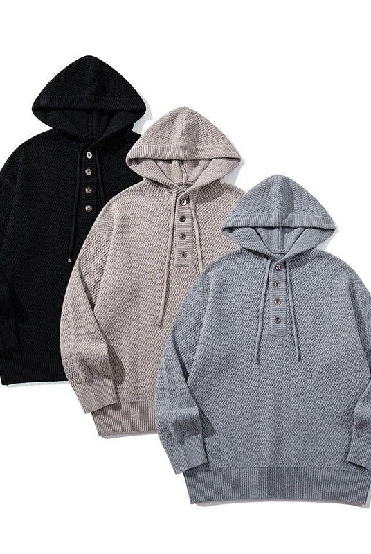 Men's Knitted Henley Hoodie | Textured Knit | 3 Colours