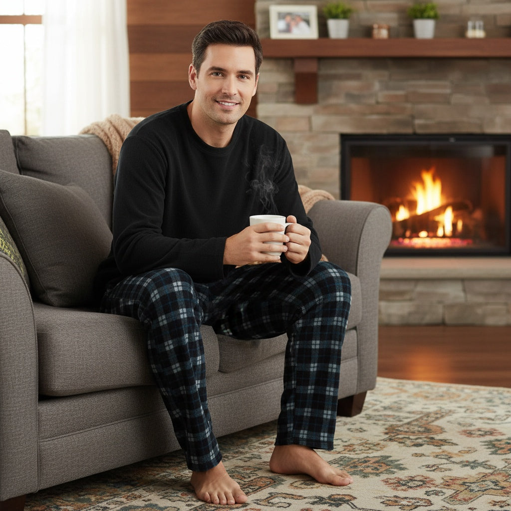 Men's Fleece Pyjamas | Check Trousers | Black
