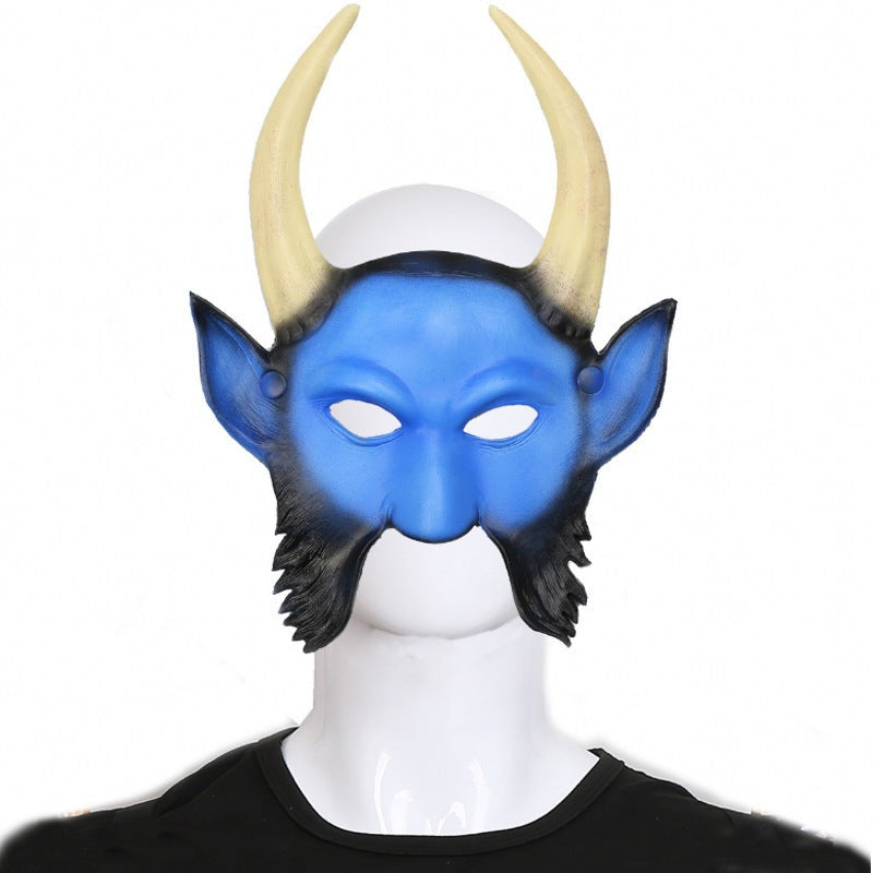 Blue devil half mask with horns and beard, worn by person | Chaps London