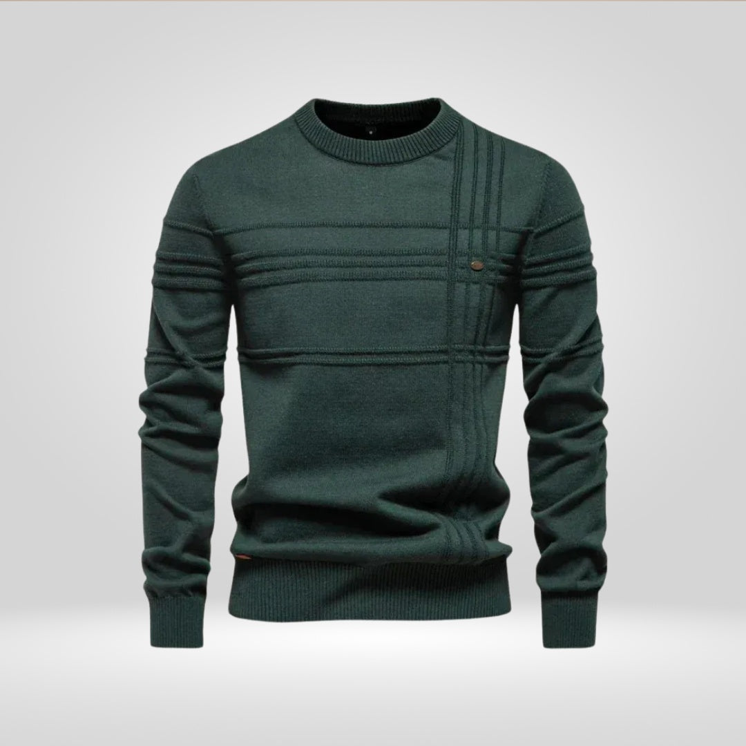 Dark green knitted crew neck sweater with raised rib lines, flat lay | Chaps London
