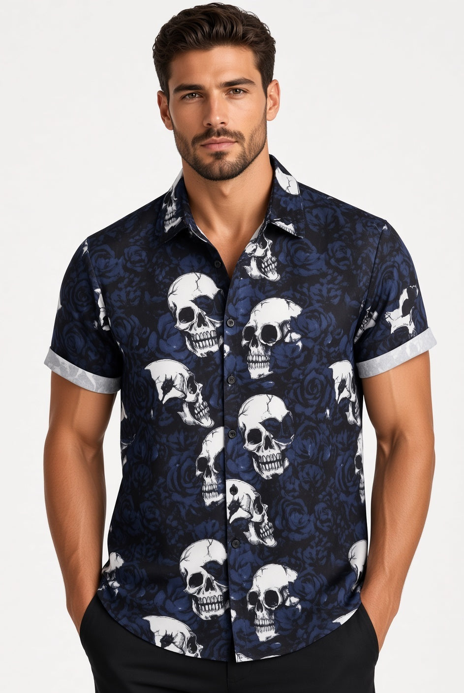 Man wearing navy shirt with white skull and floral print, short sleeves | Chaps London