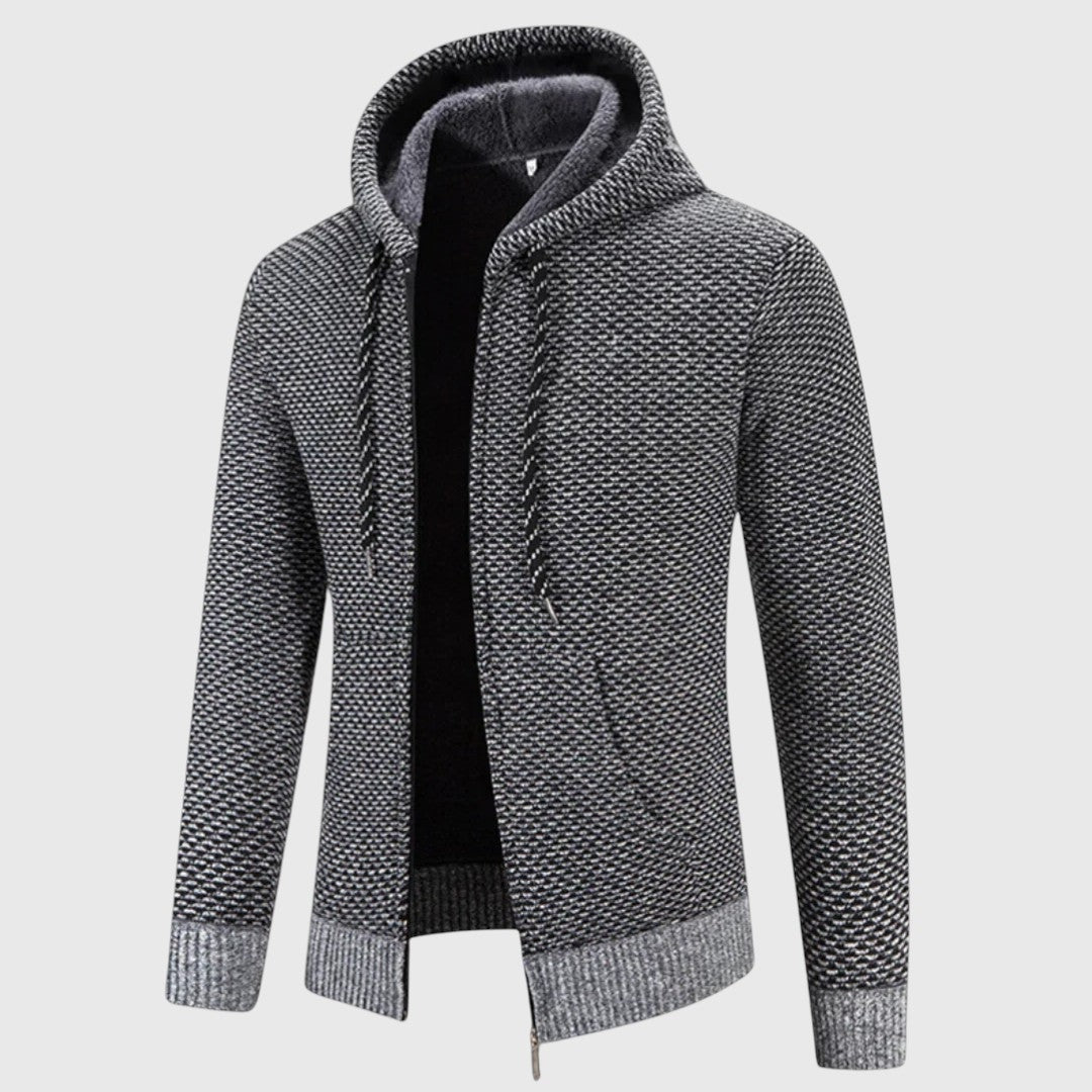 Gray knitted zip-up hooded jacket with textured pattern, worn by faceless model | Chaps London