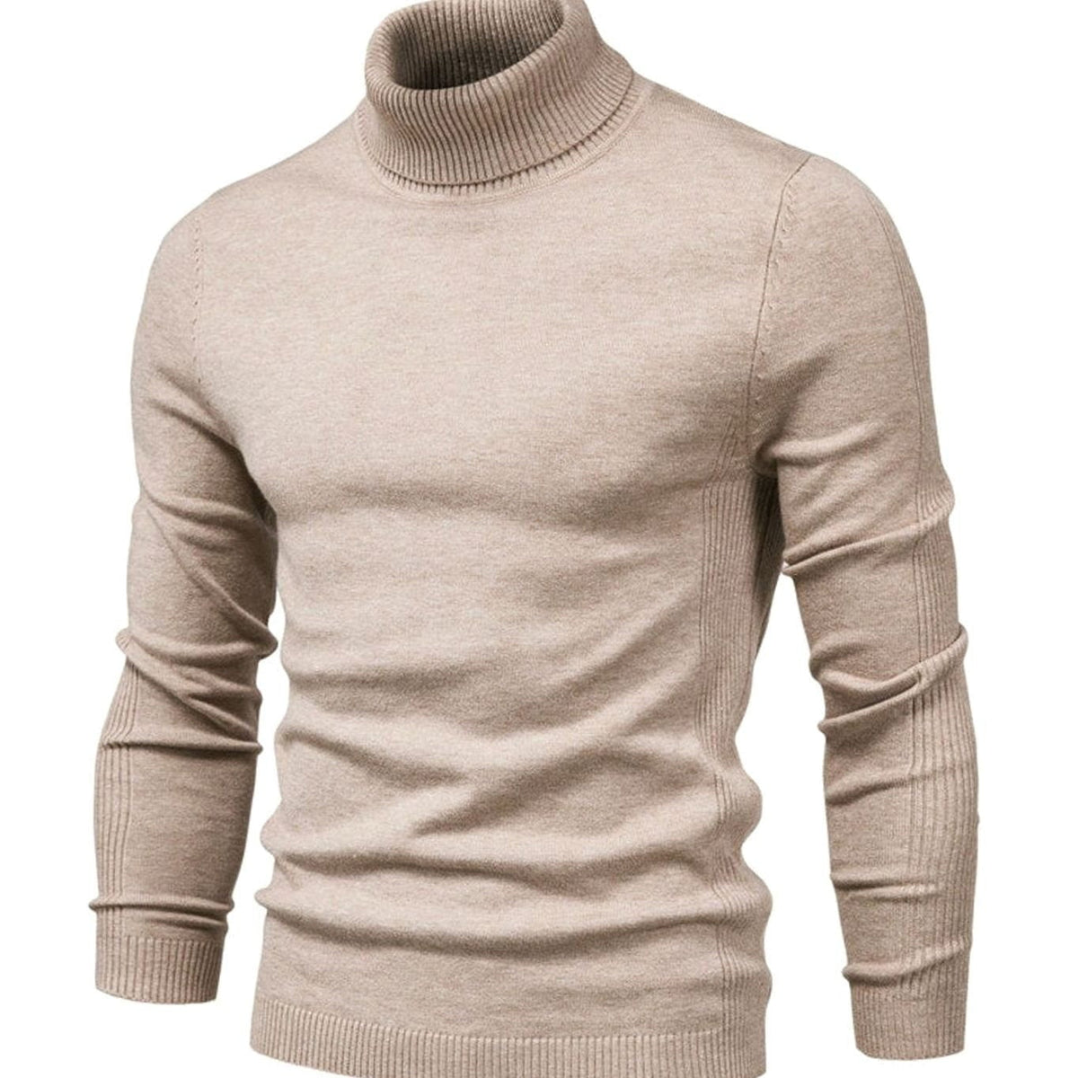 Beige ribbed turtleneck sweater worn by man, slim fit knit | Chaps London
