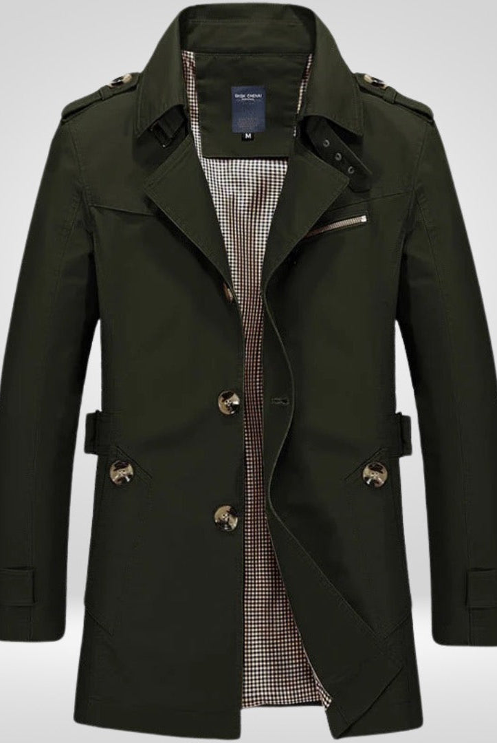 Dark green single-breasted trench coat with epaulettes, shown on mannequin | Chaps London