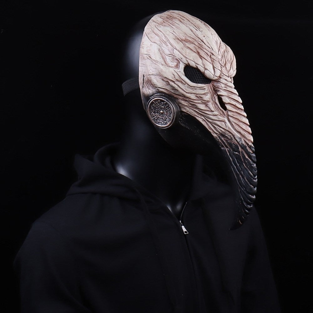 Raven plague doctor mask, cream and black, worn by mannequin figure | Chaps London