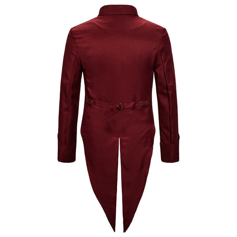 Burgundy tailcoat jacket back view with belted waist, worn by person | Chaps London
