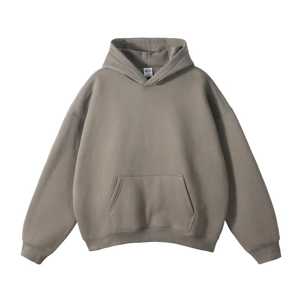 Taupe pullover hoodie with kangaroo pocket, shown flat, front view | Chaps London