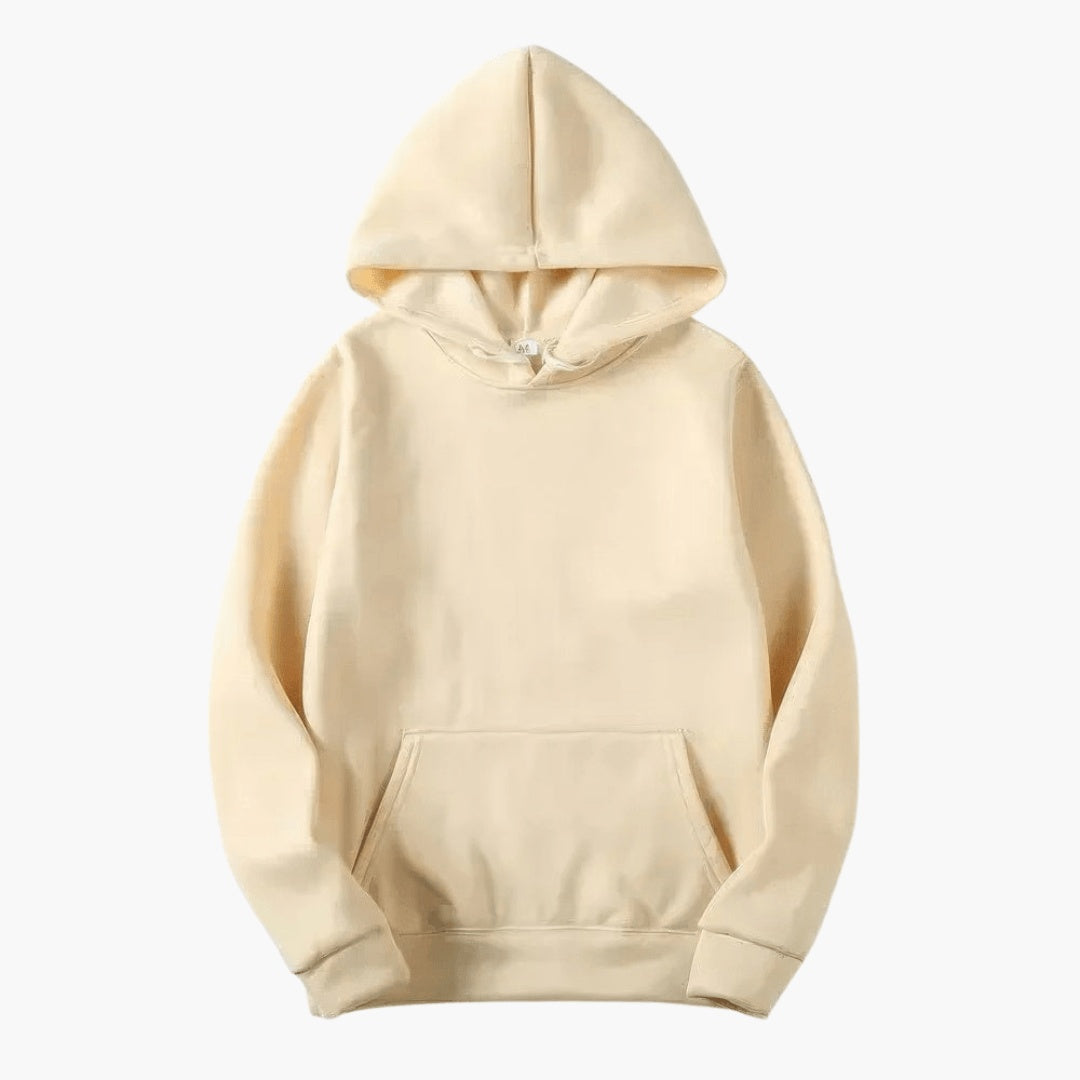 Cream pullover hoodie with kangaroo pocket, shown flat on display | Chaps London