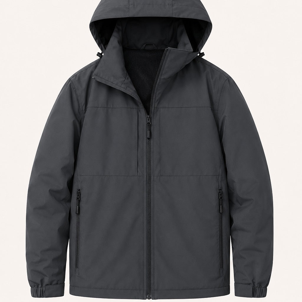 Gray hooded zip-up jacket with front pockets, shown flat on background | Chaps London