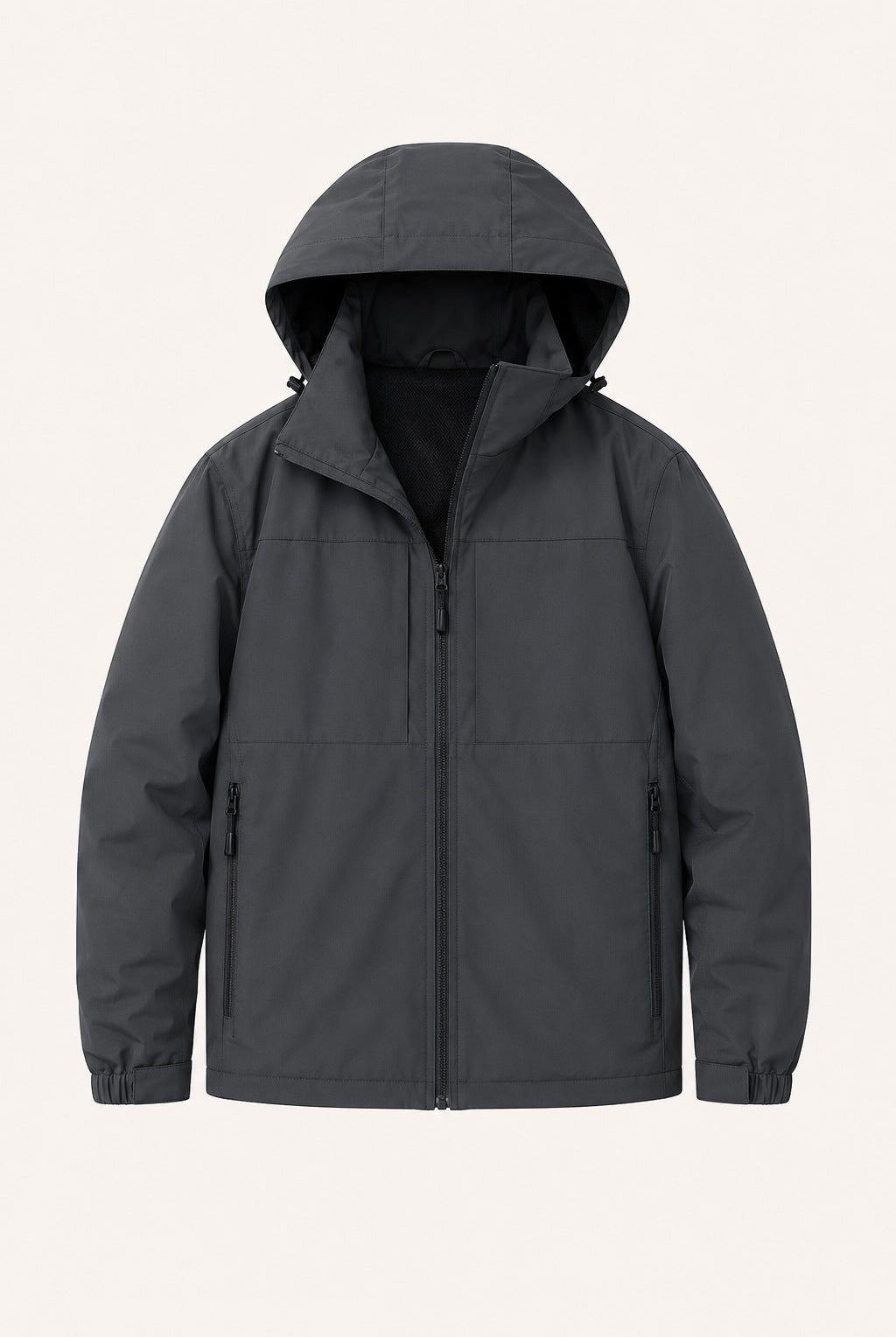 Gray hooded zip-up jacket with front pockets, shown flat on background | Chaps London