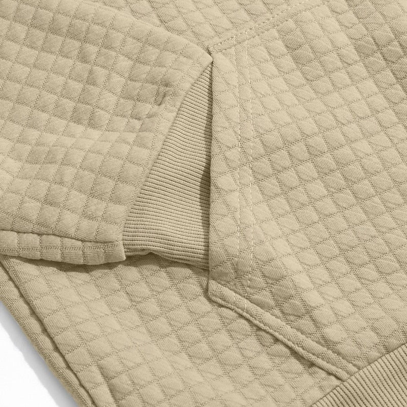 Beige quilted hoodie fabric close-up showing ribbed cuff and texture detail | Chaps London