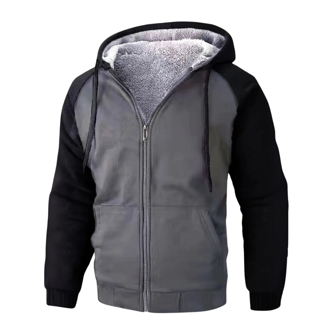Gray and black zip-up hoodie with sherpa lining, worn by a person | Chaps London