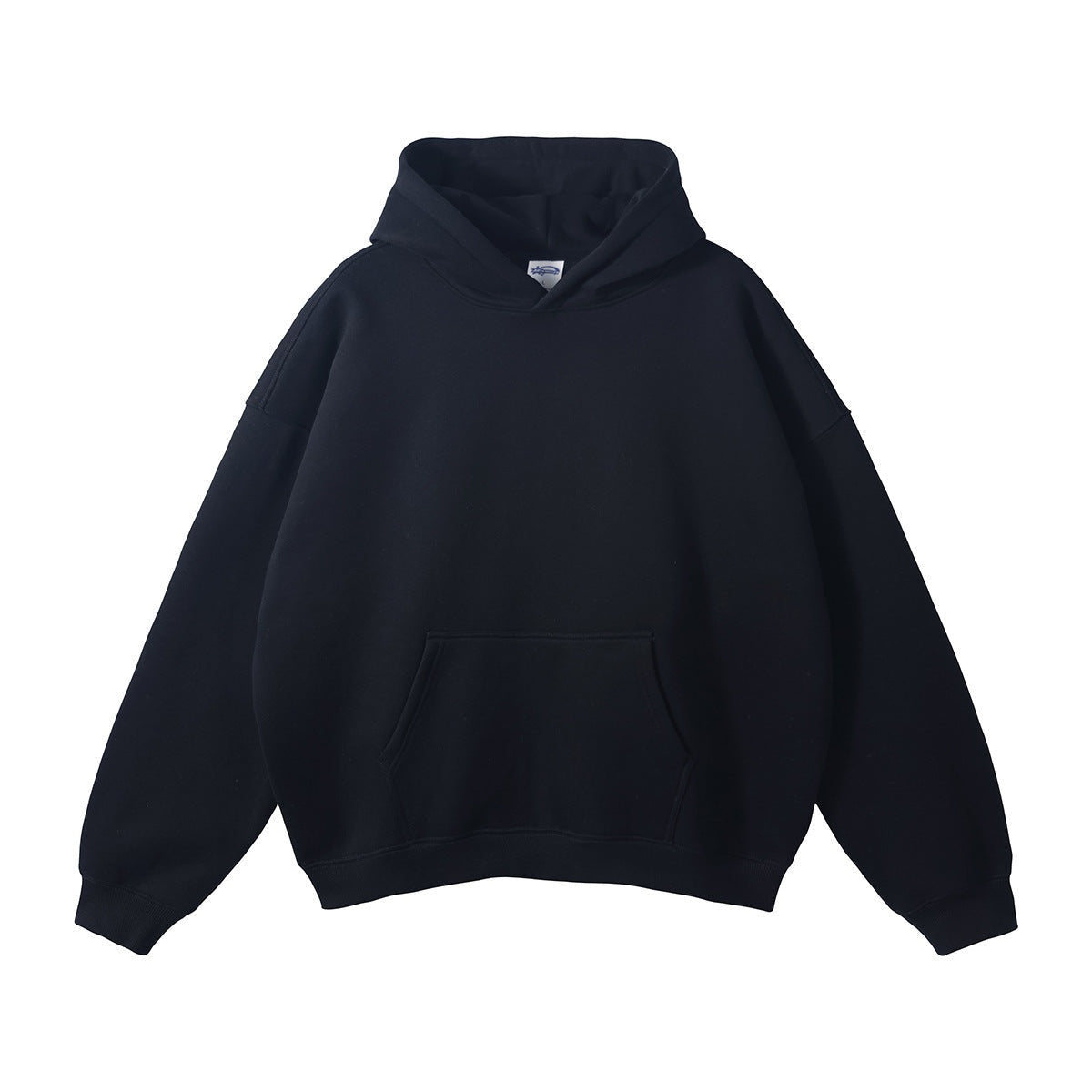 Black oversized hoodie with kangaroo pocket, laid flat, front view | Chaps London