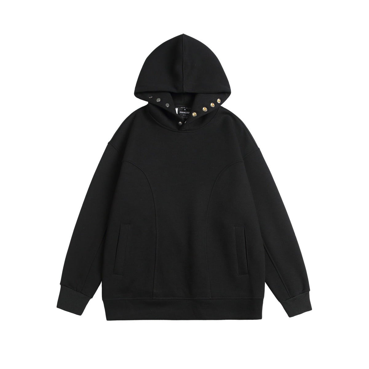 Black oversized hoodie with snap neck closure, shown flat, front view | Chaps London
