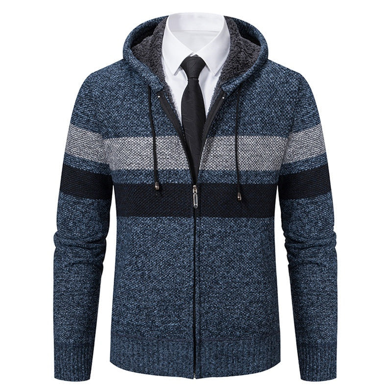 Blue striped knitted zip hoodie with fleece lined hood, worn by model | Chaps London