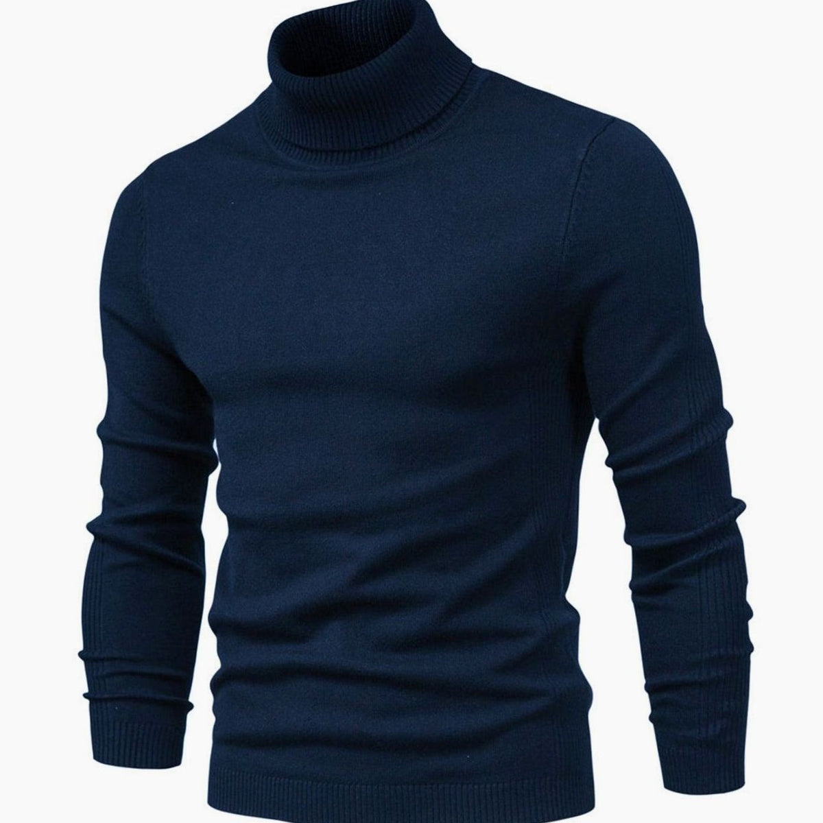 Navy blue ribbed turtleneck sweater, worn by a person, slim fit | Chaps London