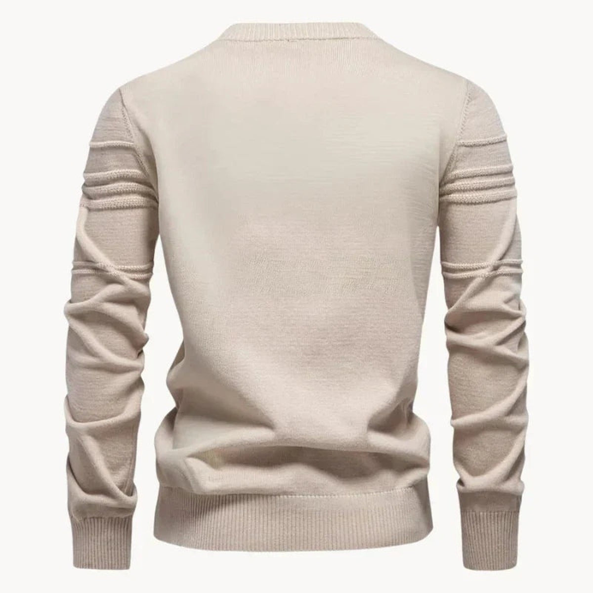 Beige knitted crew neck sweater worn by a person, back view | Chaps London
