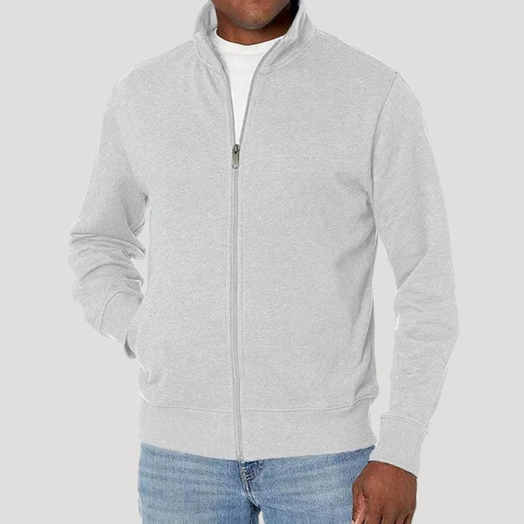 Man wearing heather gray full-zip fleece jacket with white shirt and jeans | Chaps London