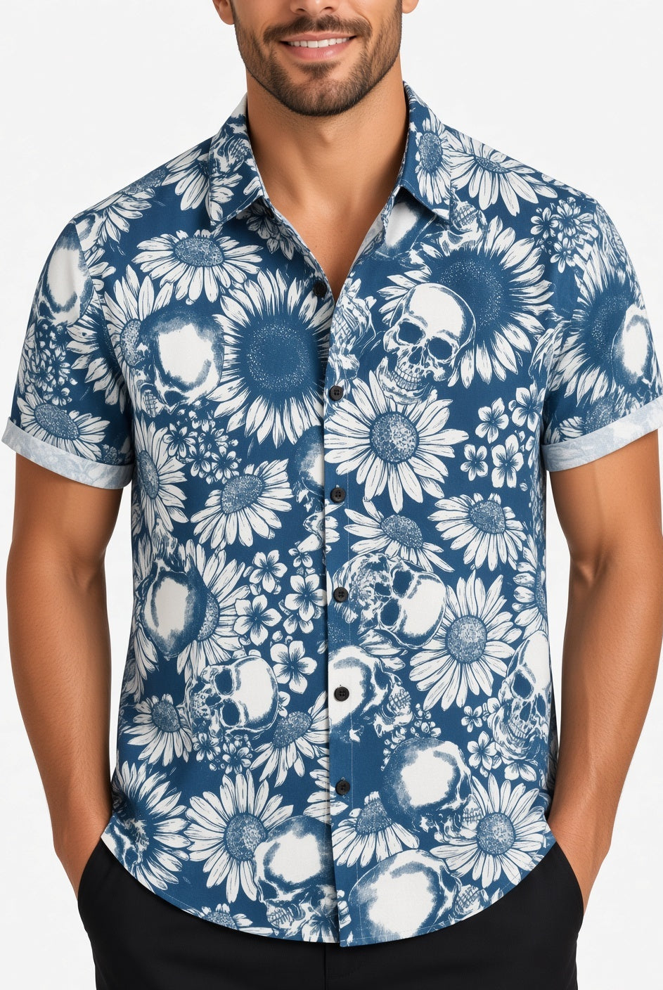 Man wearing blue floral shirt with white skull print, short sleeves, worn | Chaps London