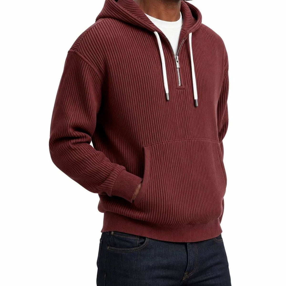 Man wearing burgundy ribbed half-zip hoodie with white drawcords, front pocket | Chaps London