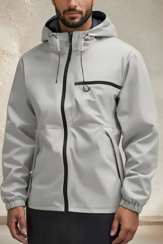 Man wearing light gray hooded rain jacket with front zip pocket | Chaps London