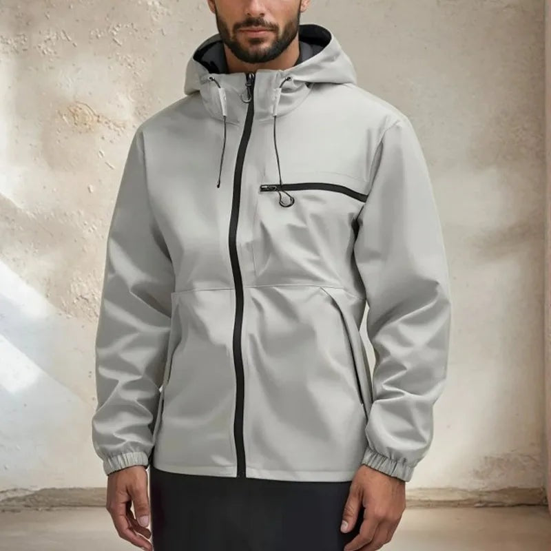 Man wearing light gray hooded rain jacket with front zip pocket | Chaps London