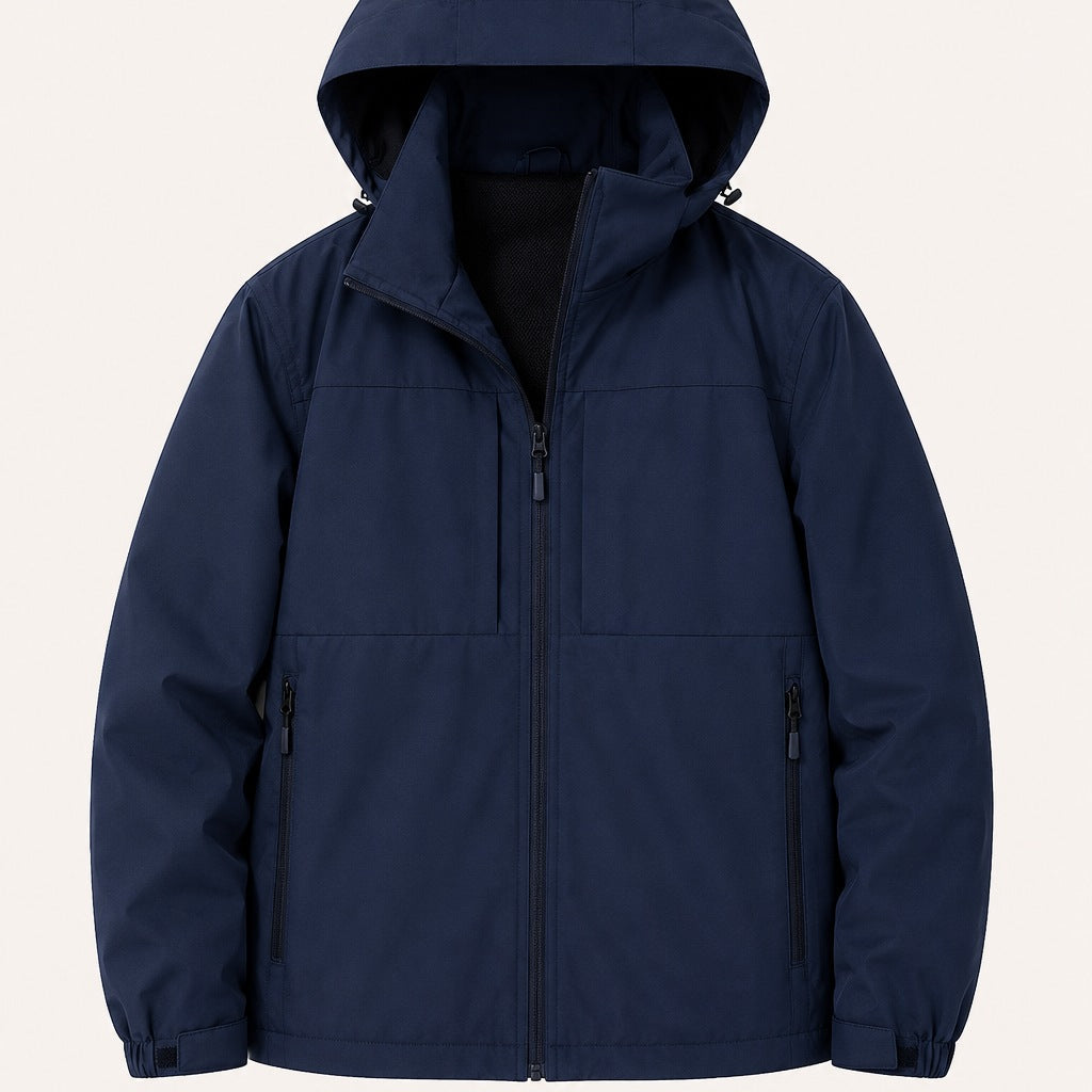 Navy blue hooded jacket with front zipper, shown flat on beige background | Chaps London