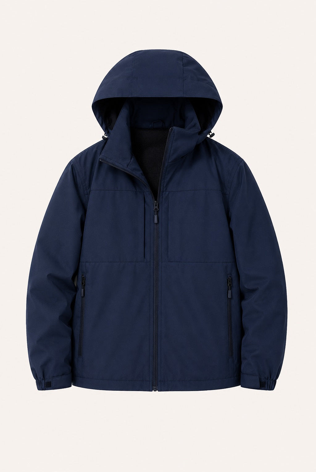 Navy blue hooded jacket with front zipper, shown flat on beige background | Chaps London