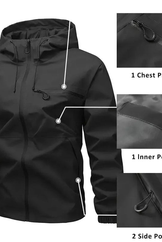 Black hooded rain jacket flat lay with pocket detail close-ups shown | Chaps London