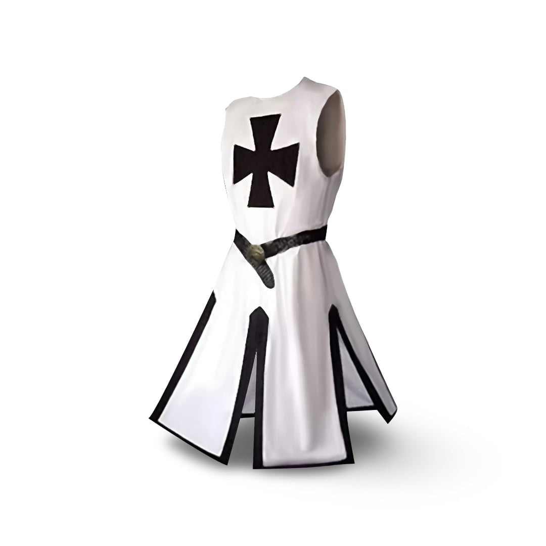 White sleeveless tunic with black cross, belted, shown on mannequin | Chaps London