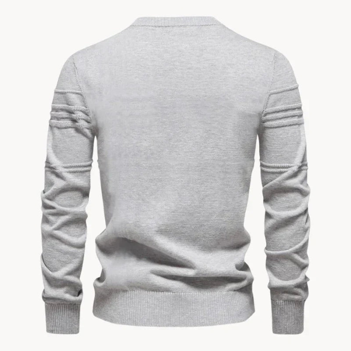 Gray knitted sweater back view with ribbed sleeve detailing, worn by person | Chaps London