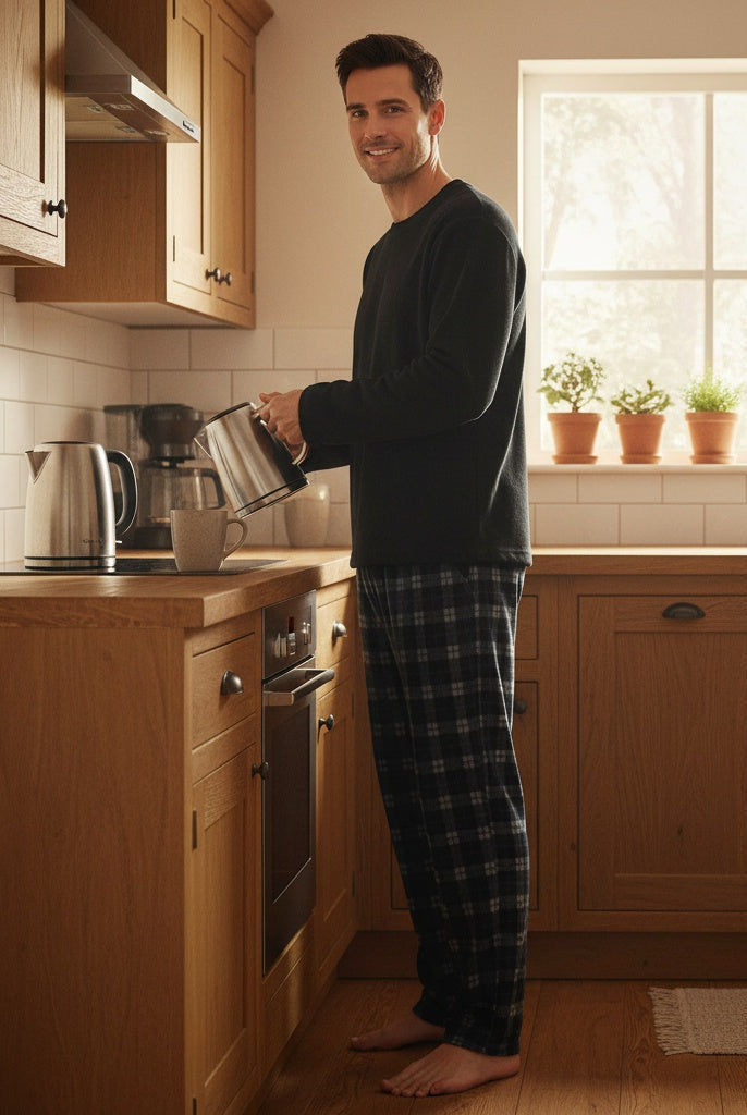 Men's Fleece Pyjamas | Check Trousers | Black
