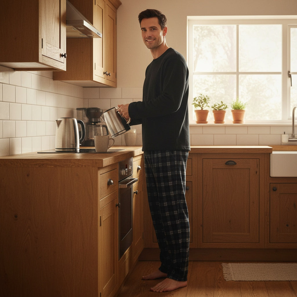 Men's Fleece Pyjamas | Check Trousers | Black