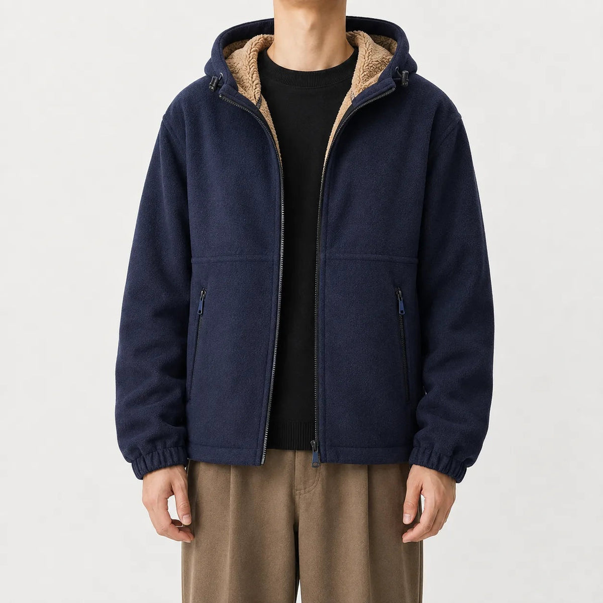 Man wearing navy fleece zip hoodie with sherpa-lined hood, worn outfit | Chaps London
