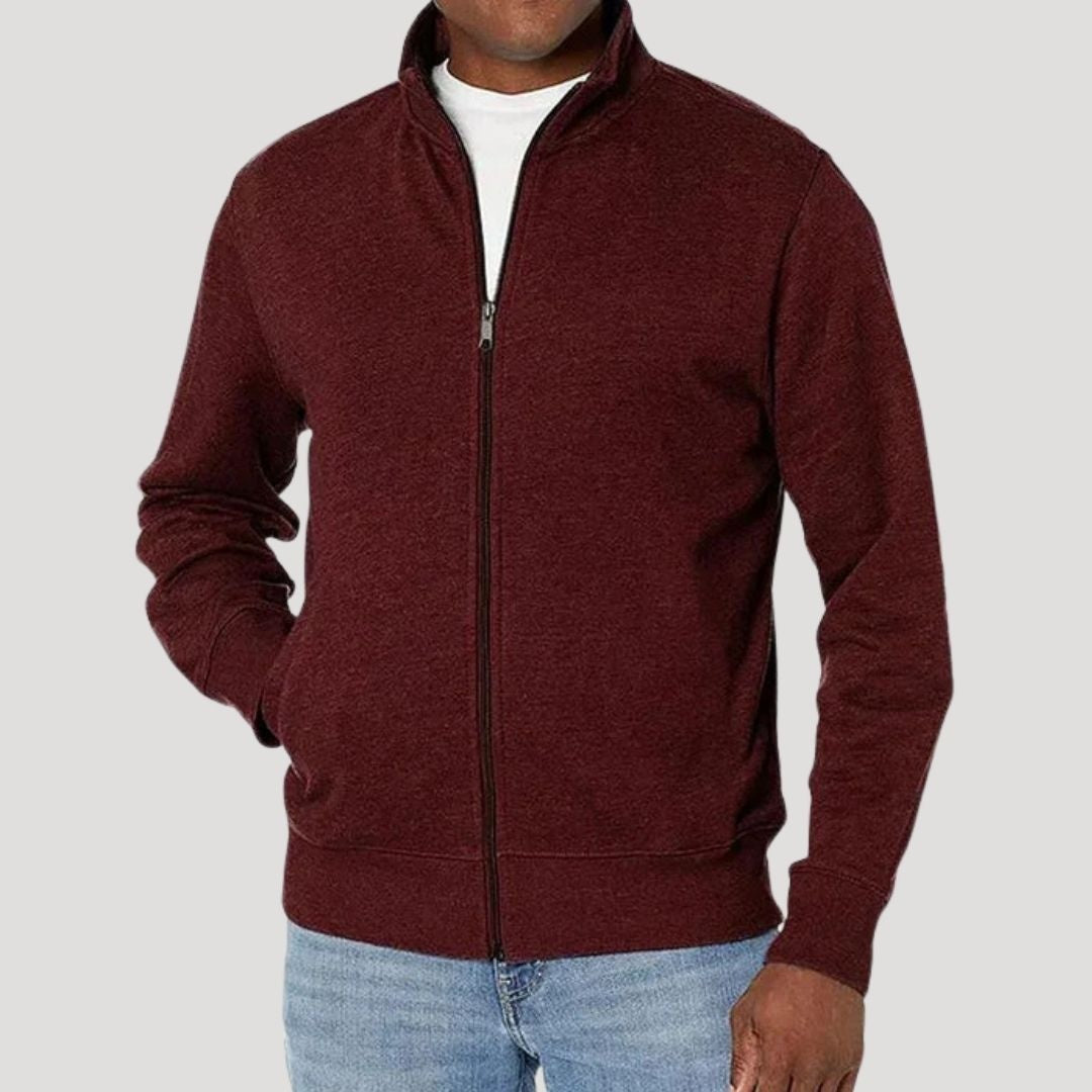 Man wearing burgundy heathered full-zip jacket with stand collar and jeans | Chaps London