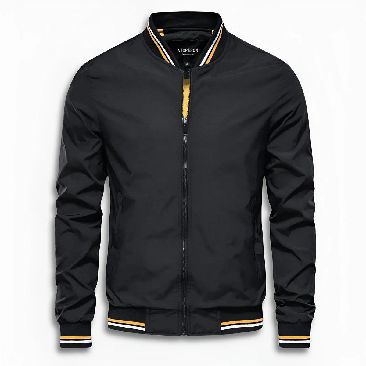 Men's Bomber Jacket | Striped Rib Trim | Stand Collar | Water Repellent