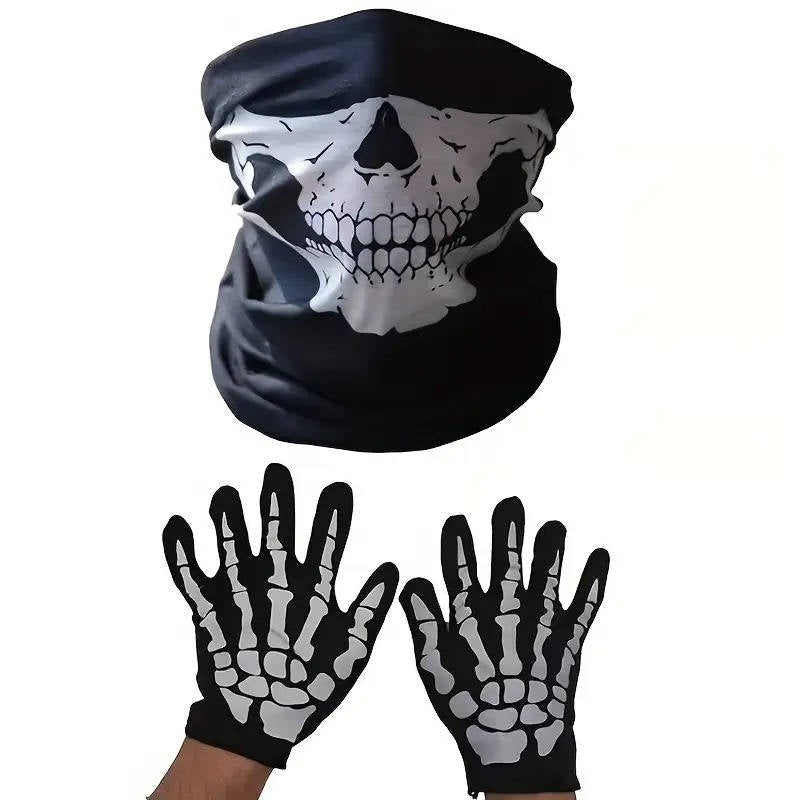 Black skull print face mask with matching skeleton gloves worn on hand | Chaps London