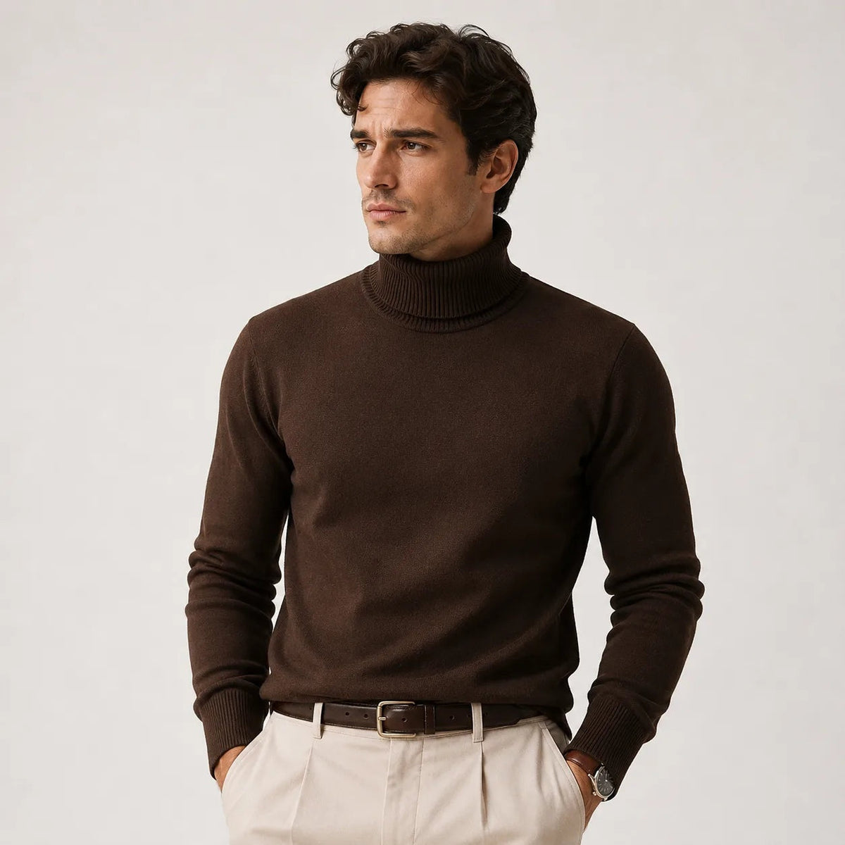 Man wearing brown fine knit roll neck jumper with ribbed collar and beige trousers | Chaps London