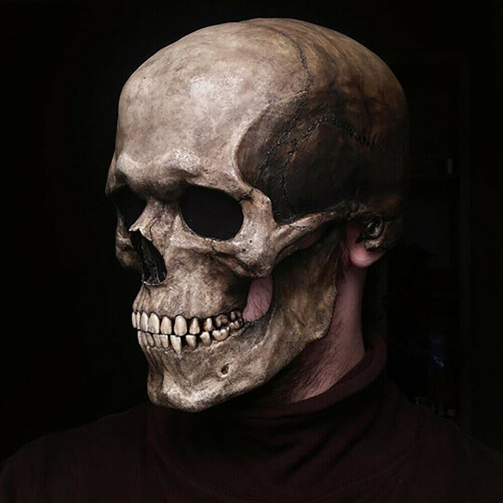 Realistic grey skull mask with movable jaw worn by person | Chaps London