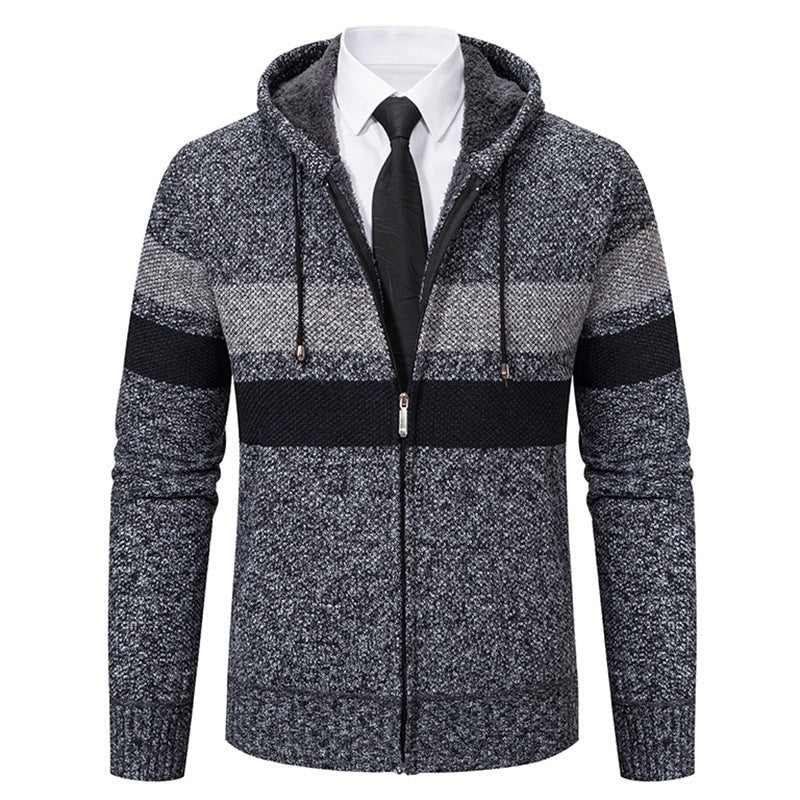 Gray striped knitted zip hoodie with hood, worn over shirt and tie | Chaps London