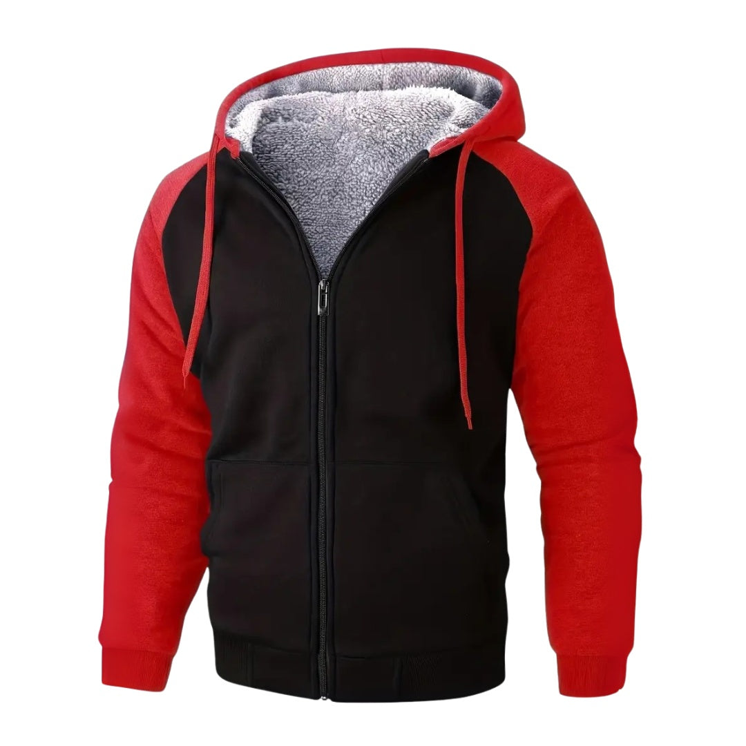 Black and red zip-up hoodie with sherpa-lined hood, worn by a person | Chaps London