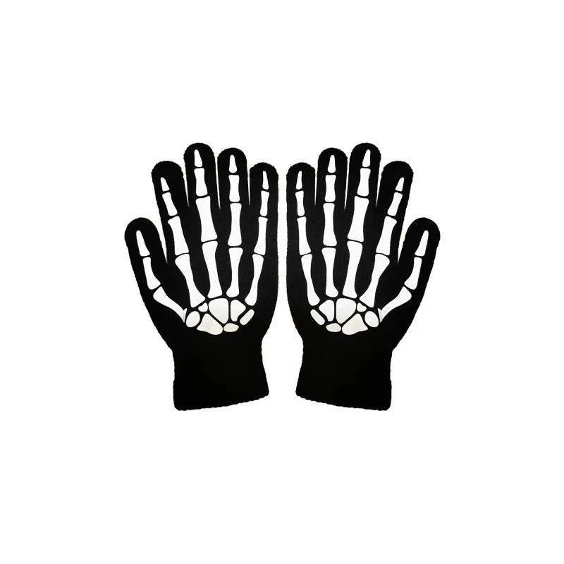 Black knit gloves with white skeleton bone print, shown flat | Chaps London
