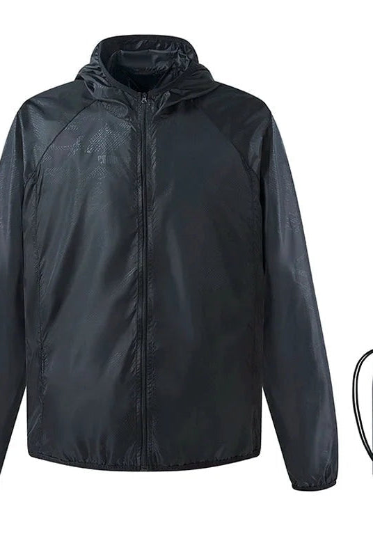 Black hooded windbreaker jacket with matching pouch, flat lay display | Chaps London