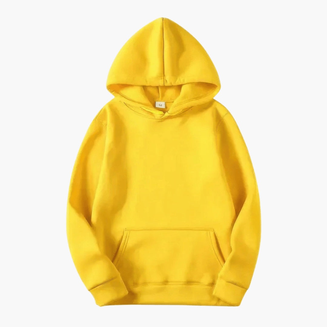 Yellow pullover hoodie with kangaroo pocket, flat lay, plain fabric texture | Chaps London