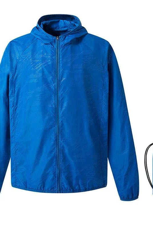 Blue hooded windbreaker jacket shown flat with matching packable storage pouch | Chaps London