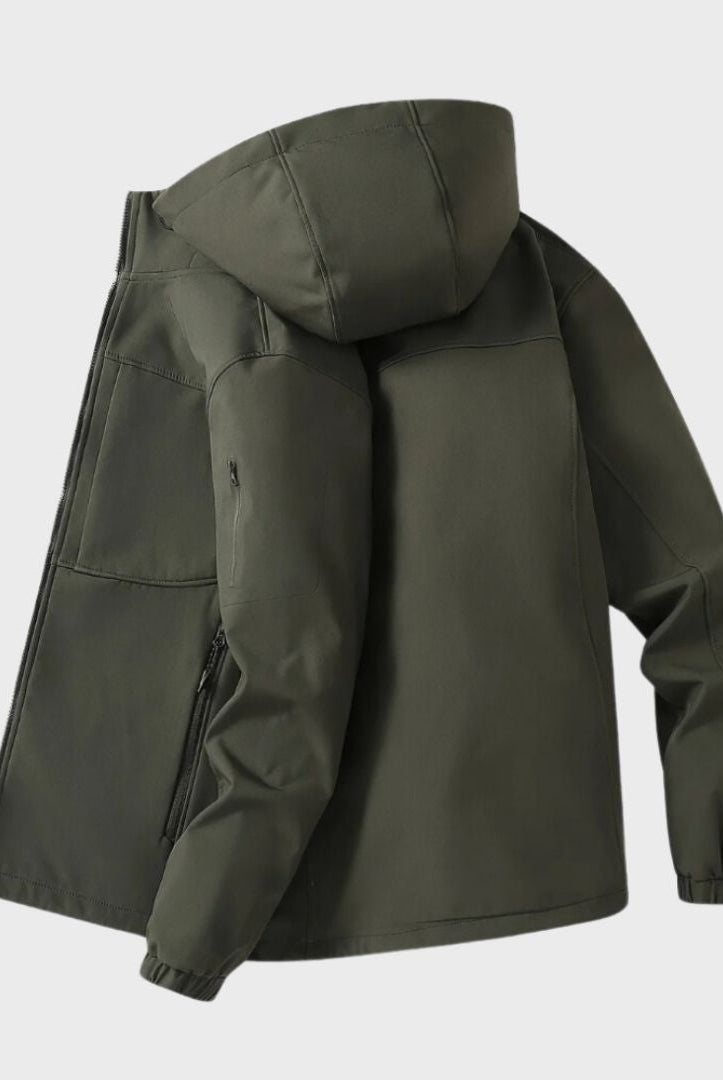 Olive green hooded softshell jacket with zip pockets, shown flat, back view | Chaps London