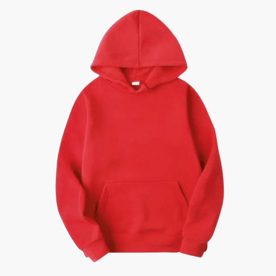 Red fleece pullover hoodie with kangaroo pocket, shown flat, no model | Chaps London