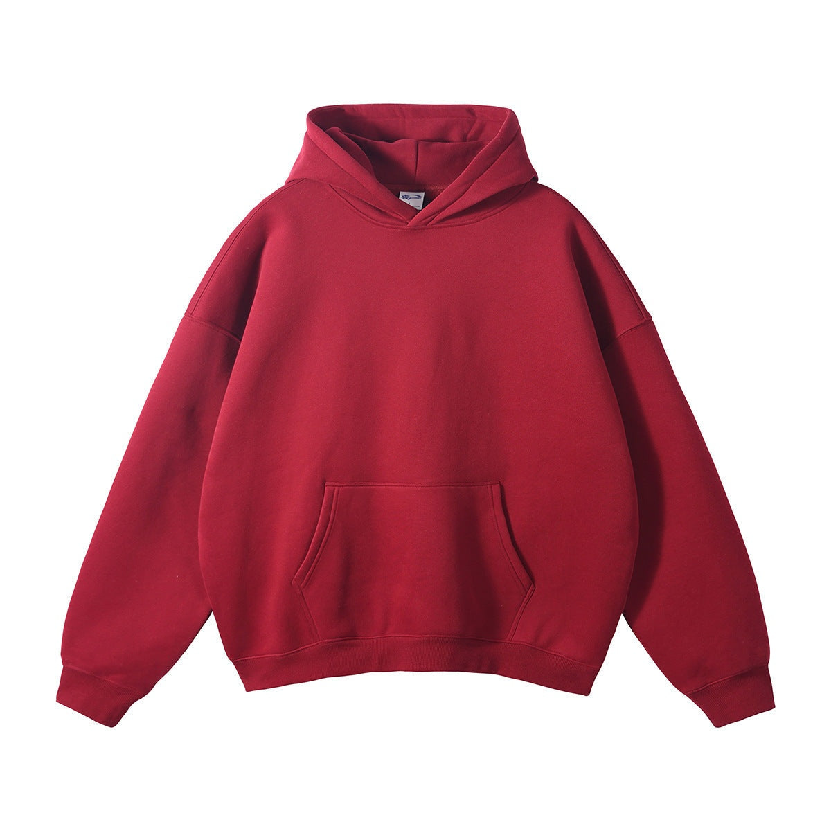 Dark red oversized hoodie with kangaroo pocket, shown flat, front view | Chaps London