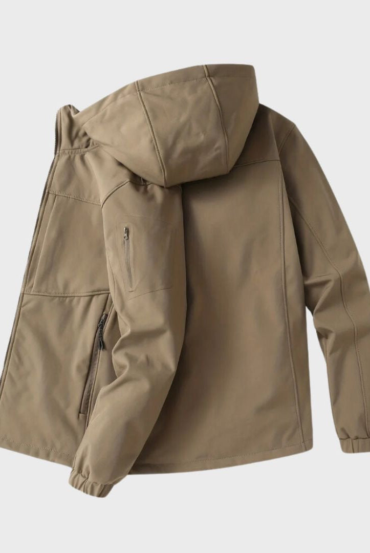 Khaki hooded softshell jacket with zip pocket, shown on mannequin, back view | Chaps London